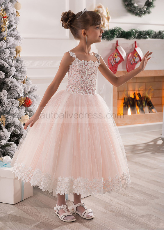 Beaded Lace Tulle Tea Length Romantic Flower Girl Dress Beaded Lace Tulle Tea Length Romantic Flower Girl Dress